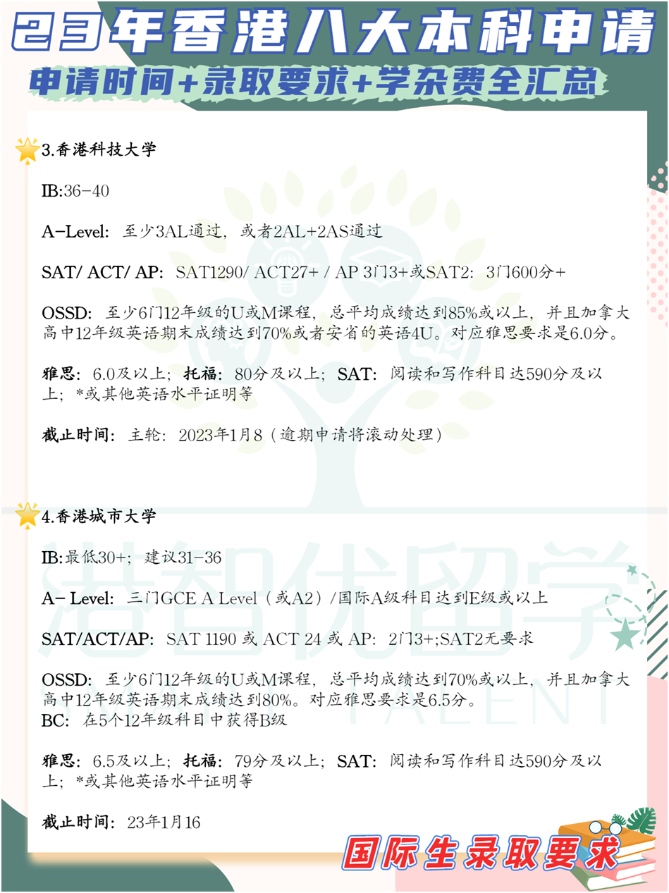 非本地生（高考生/國際生）23-24學(xué)年港八大本科入學(xué)申請時(shí)間+錄取要求+學(xué)雜費(fèi)全匯總